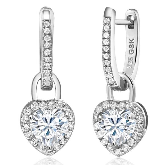 925 Sterling Silver with 2.10 Cttw Moissanite and White Sapphire Heart Earrings